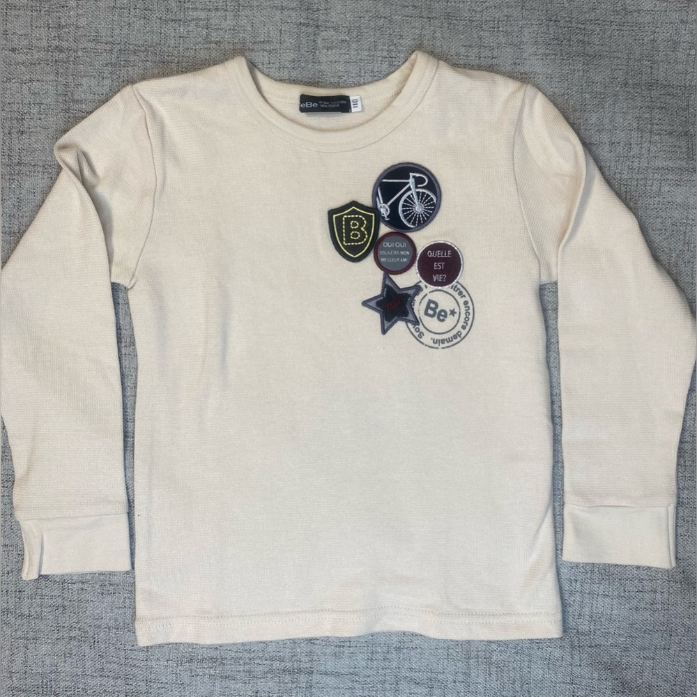 Bebe Cream Long Sleeve Tee with Decorative Patches